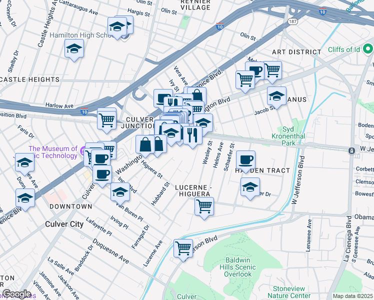 map of restaurants, bars, coffee shops, grocery stores, and more near 3965 Landmark Street in Culver City
