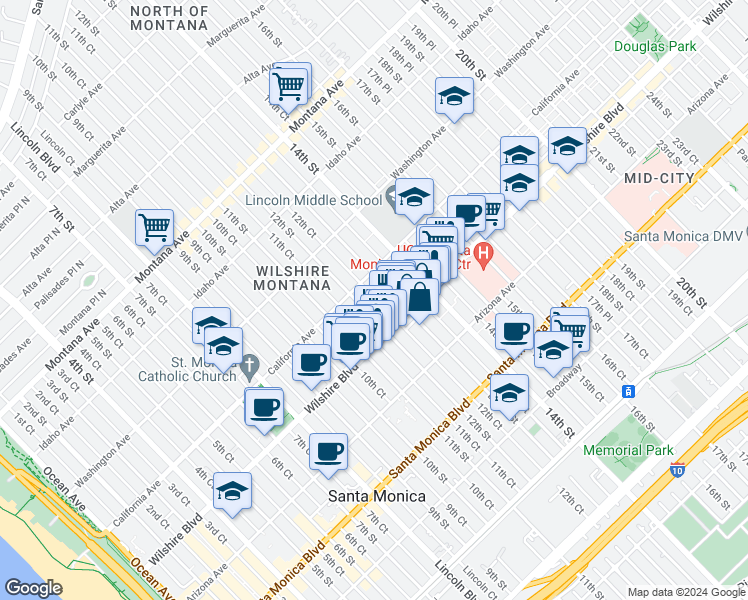 map of restaurants, bars, coffee shops, grocery stores, and more near 1123 12th Street in Santa Monica