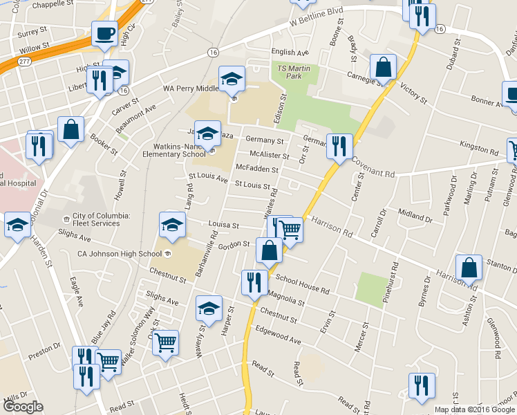 map of restaurants, bars, coffee shops, grocery stores, and more near 1812 Tremain Street in Columbia