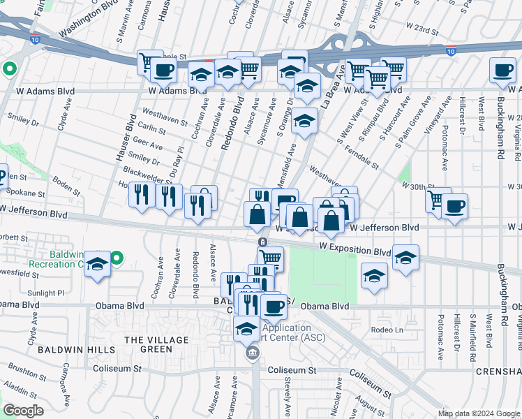 map of restaurants, bars, coffee shops, grocery stores, and more near 2938 South Orange Drive in Los Angeles
