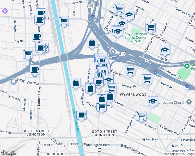 map of restaurants, bars, coffee shops, grocery stores, and more near 1311 South Boyle Avenue in Los Angeles