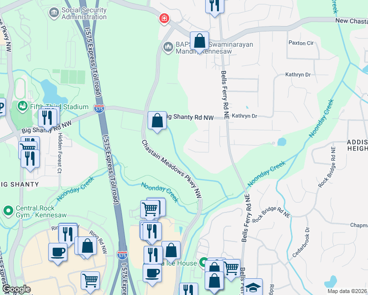 map of restaurants, bars, coffee shops, grocery stores, and more near 3106 Big Shanty Trail in Marietta