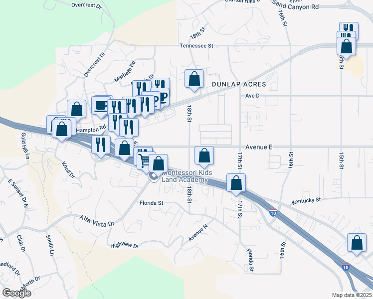 map of restaurants, bars, coffee shops, grocery stores, and more near 31739 Avenue E in Yucaipa