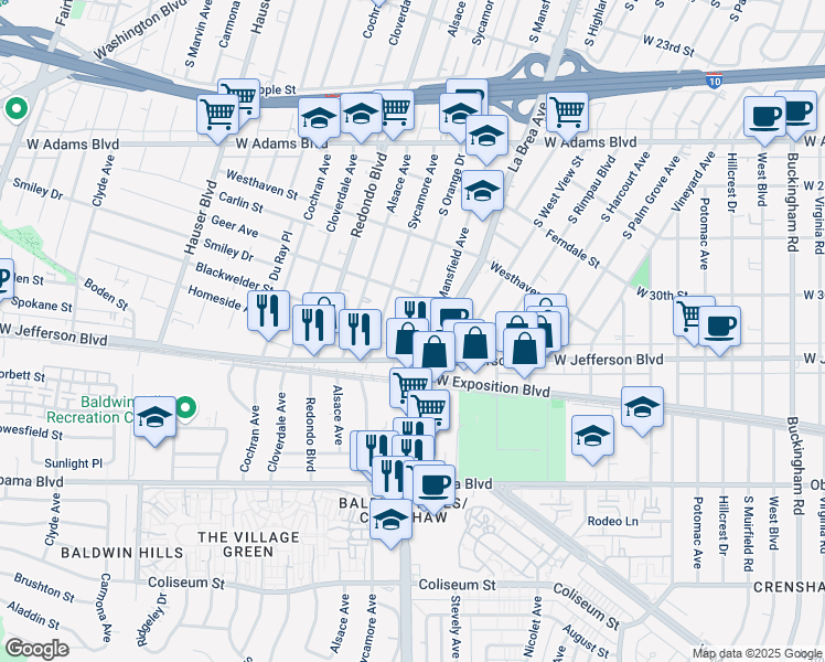 map of restaurants, bars, coffee shops, grocery stores, and more near 2938 South Orange Drive in Los Angeles