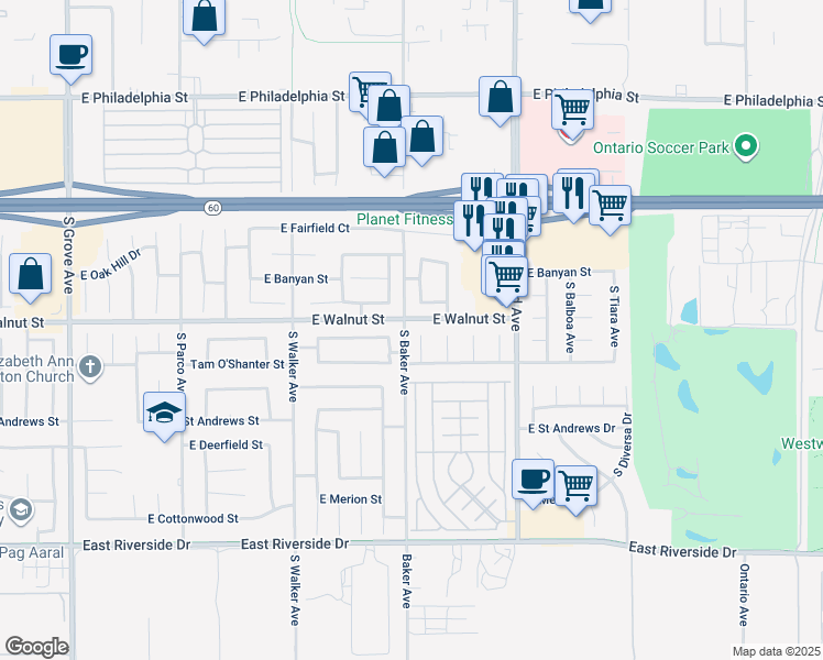 map of restaurants, bars, coffee shops, grocery stores, and more near 2626 South Quaker Ridge Place in Ontario