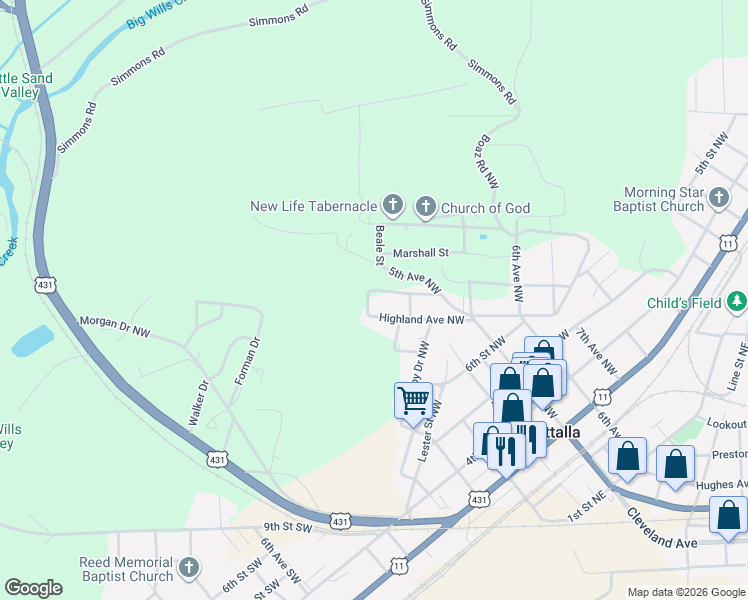 map of restaurants, bars, coffee shops, grocery stores, and more near 99 Highland Avenue Northwest in Attalla