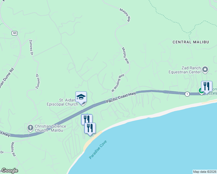 map of restaurants, bars, coffee shops, grocery stores, and more near 6420 Delaplane Road in Malibu