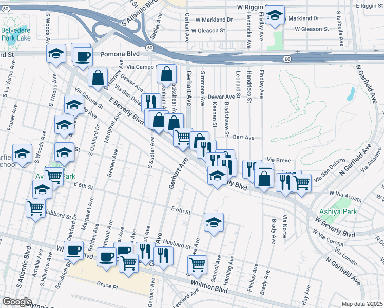 map of restaurants, bars, coffee shops, grocery stores, and more near 5805 East Beverly Boulevard in East Los Angeles