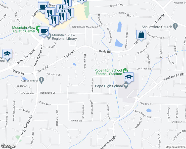 map of restaurants, bars, coffee shops, grocery stores, and more near 3097 Wendview Lane in Marietta
