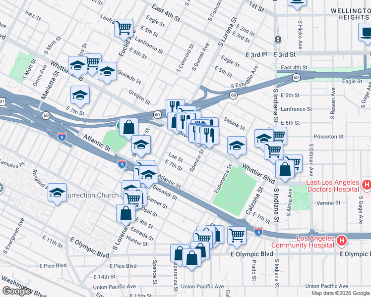 map of restaurants, bars, coffee shops, grocery stores, and more near 3439 Siskiyou Street in Los Angeles