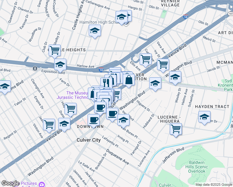 map of restaurants, bars, coffee shops, grocery stores, and more near 9070 Venice Boulevard in Culver City
