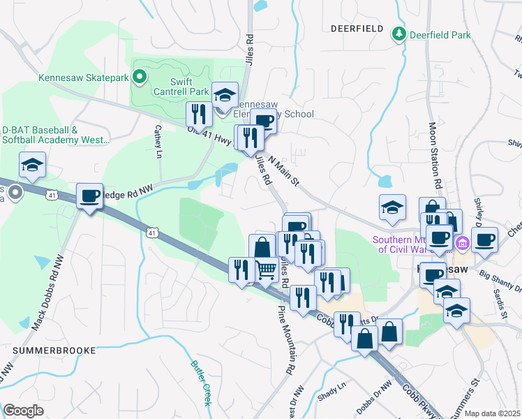 map of restaurants, bars, coffee shops, grocery stores, and more near 1027 Kennesborough Road Northwest in Kennesaw