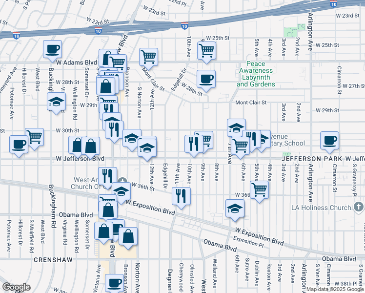 map of restaurants, bars, coffee shops, grocery stores, and more near 3040 11th Avenue in Los Angeles
