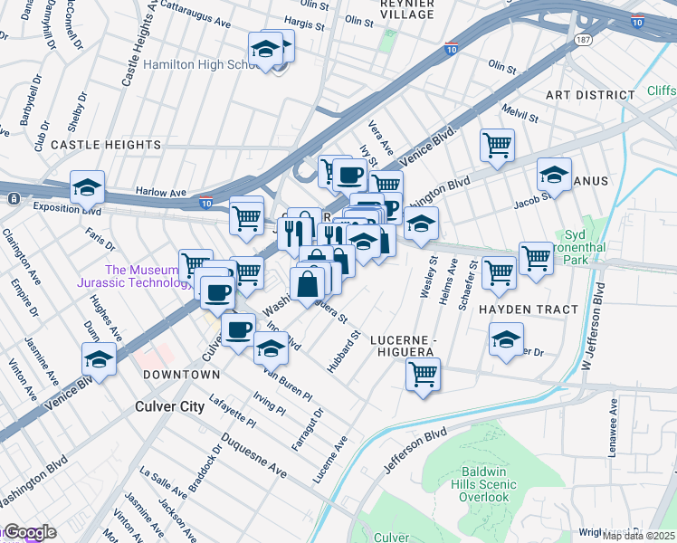 map of restaurants, bars, coffee shops, grocery stores, and more near 8925 Lindblade Street in Culver City