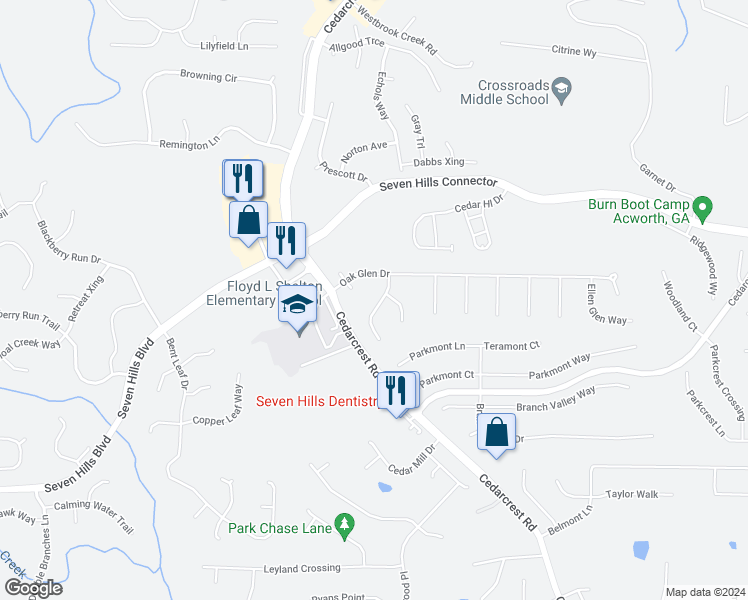 map of restaurants, bars, coffee shops, grocery stores, and more near 76 Oak Springs Lane in Dallas