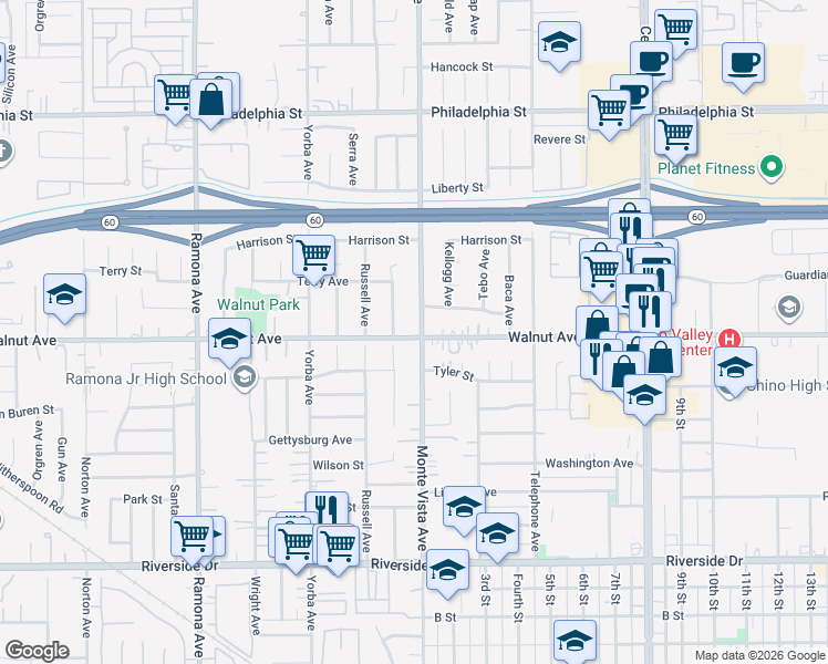 map of restaurants, bars, coffee shops, grocery stores, and more near 12488 Monte Vista Avenue in Chino