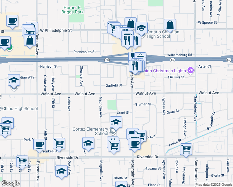 map of restaurants, bars, coffee shops, grocery stores, and more near 12250 Carissa Avenue in Chino