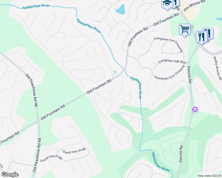 map of restaurants, bars, coffee shops, grocery stores, and more near 2534 Apalachee Run Way in Dacula