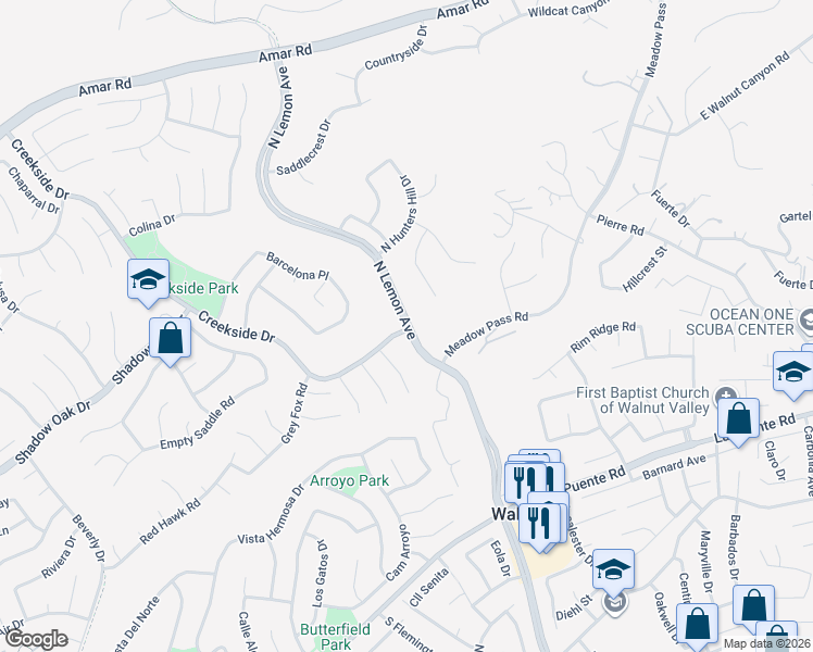 map of restaurants, bars, coffee shops, grocery stores, and more near 2 North Lemon Avenue in Walnut