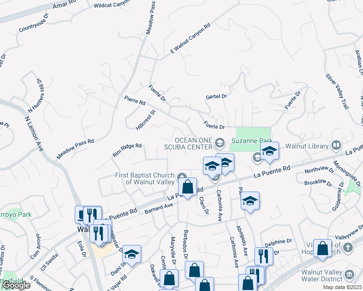 map of restaurants, bars, coffee shops, grocery stores, and more near 618 El Vallencito Drive in Walnut