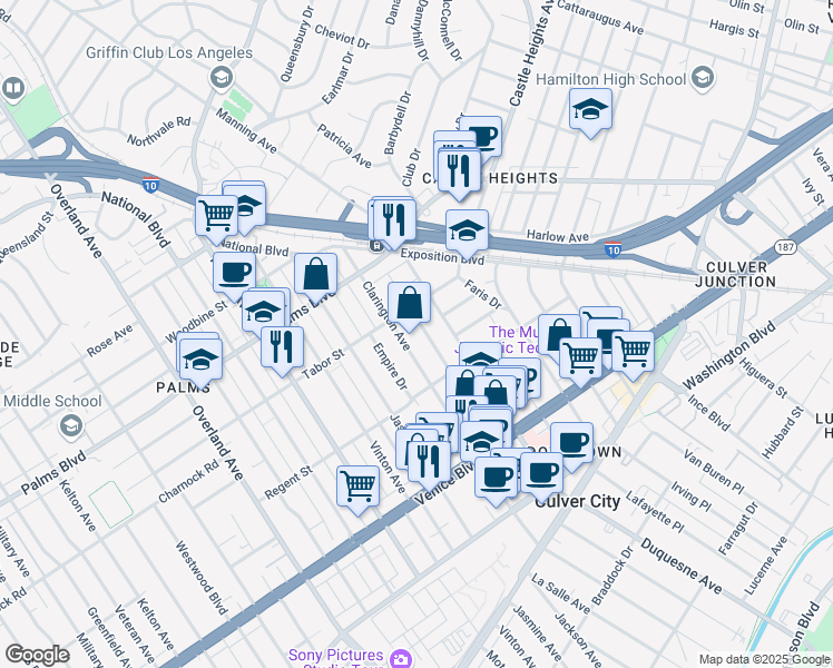 map of restaurants, bars, coffee shops, grocery stores, and more near 3627 Dunn Drive in Los Angeles