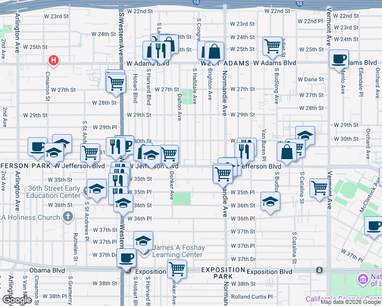 map of restaurants, bars, coffee shops, grocery stores, and more near 1571 West Jefferson Boulevard in Los Angeles