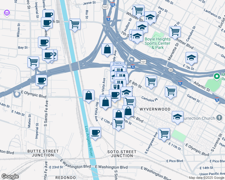 map of restaurants, bars, coffee shops, grocery stores, and more near 2655 Short Street in Los Angeles