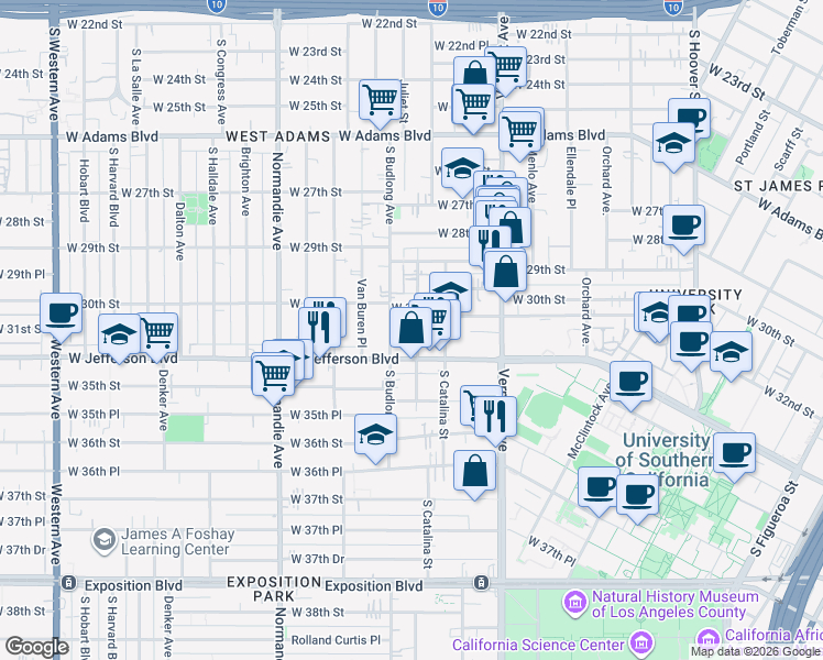 map of restaurants, bars, coffee shops, grocery stores, and more near 3110 Walton Avenue in Los Angeles