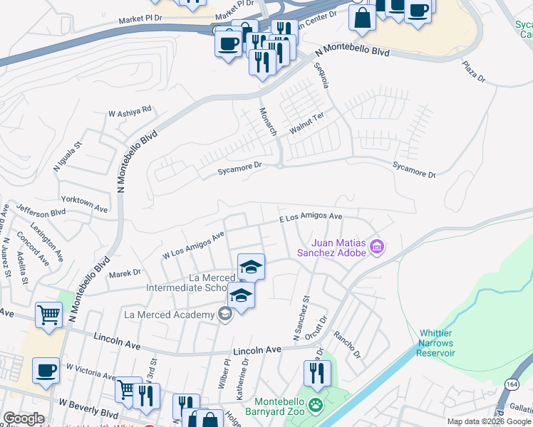 map of restaurants, bars, coffee shops, grocery stores, and more near 1004 North Las Flores Avenue in Montebello