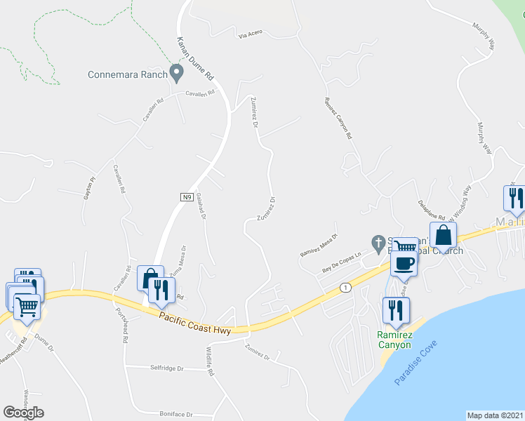 map of restaurants, bars, coffee shops, grocery stores, and more near 6165 Zumirez Drive in Malibu