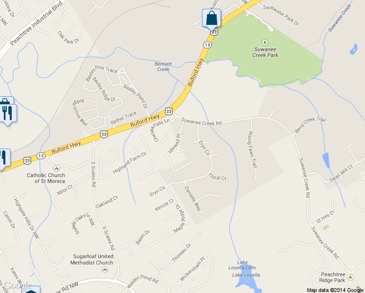 map of restaurants, bars, coffee shops, grocery stores, and more near 1223 Idlewild Court in Suwanee