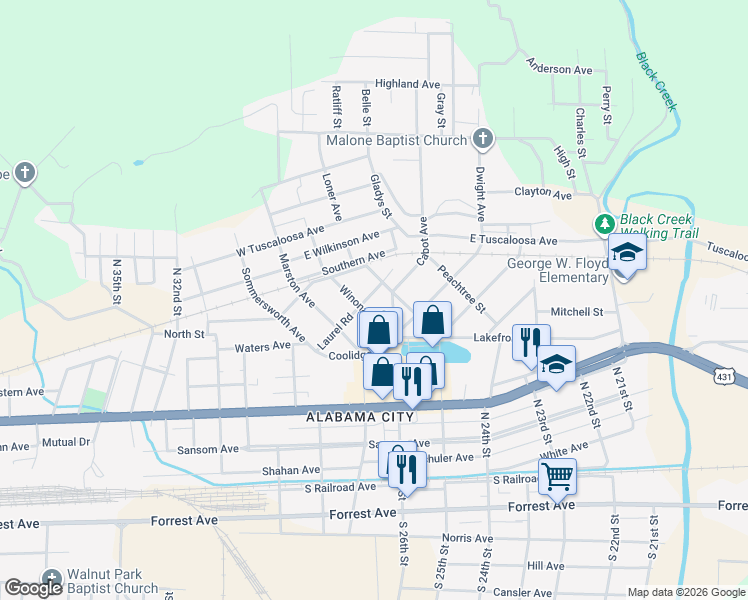 map of restaurants, bars, coffee shops, grocery stores, and more near 3 Winona Avenue in Gadsden