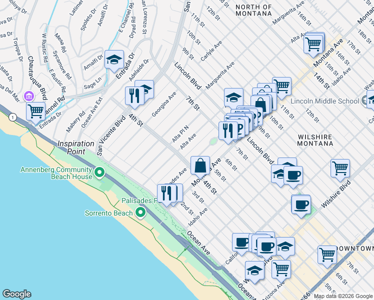 map of restaurants, bars, coffee shops, grocery stores, and more near 420 Alta Avenue in Santa Monica