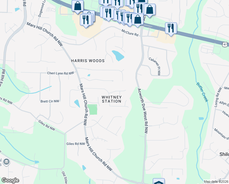 map of restaurants, bars, coffee shops, grocery stores, and more near 4446 Whitt Mill Road Northwest in Acworth