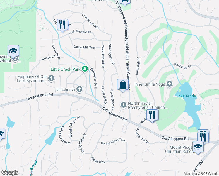 map of restaurants, bars, coffee shops, grocery stores, and more near 180 Sheringham Drive in Roswell