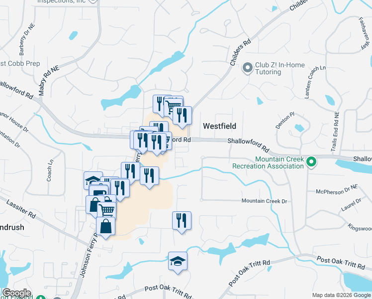 map of restaurants, bars, coffee shops, grocery stores, and more near 3154 Havencroft Drive Northeast in Roswell