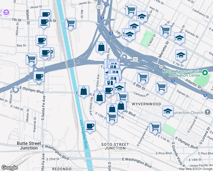 map of restaurants, bars, coffee shops, grocery stores, and more near 2655 Short Street in Los Angeles