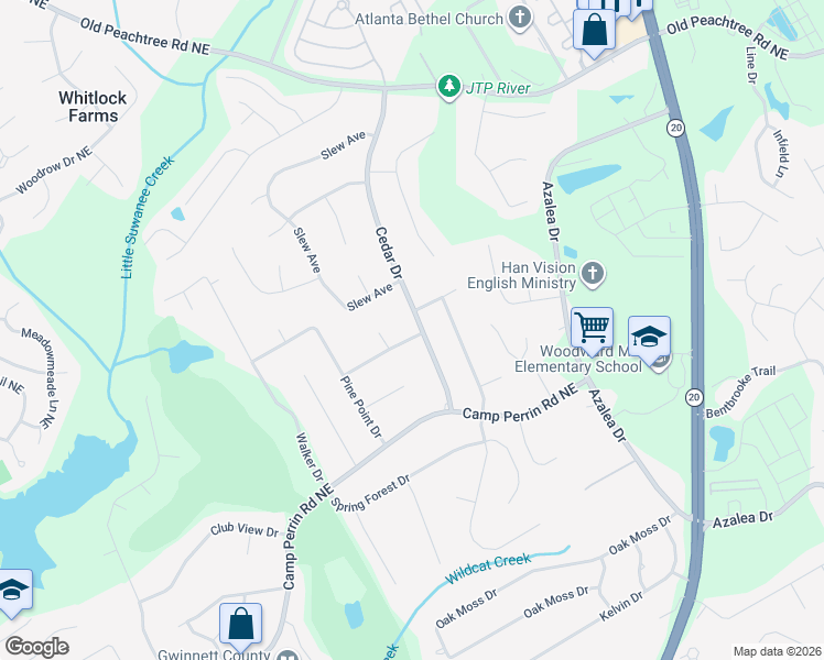 map of restaurants, bars, coffee shops, grocery stores, and more near 2208 Cedar Drive in Lawrenceville