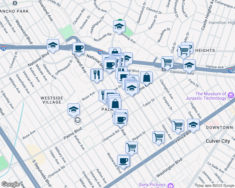 map of restaurants, bars, coffee shops, grocery stores, and more near 10509 Palms Boulevard in Los Angeles