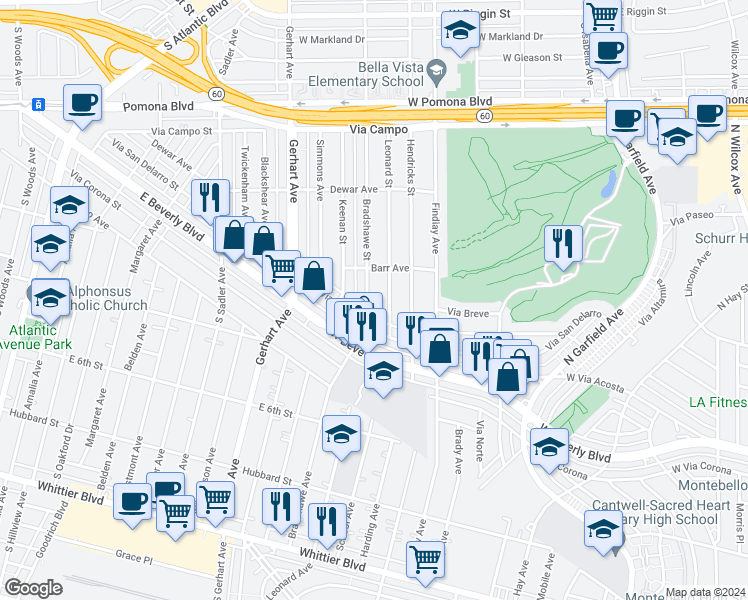 map of restaurants, bars, coffee shops, grocery stores, and more near 620 Bradshawe Street in Montebello