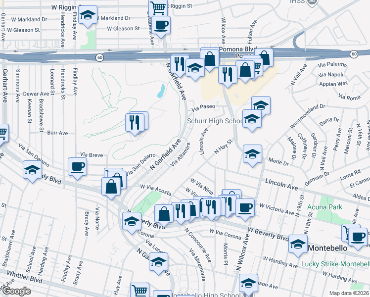 map of restaurants, bars, coffee shops, grocery stores, and more near 749 Via Altamira in Montebello