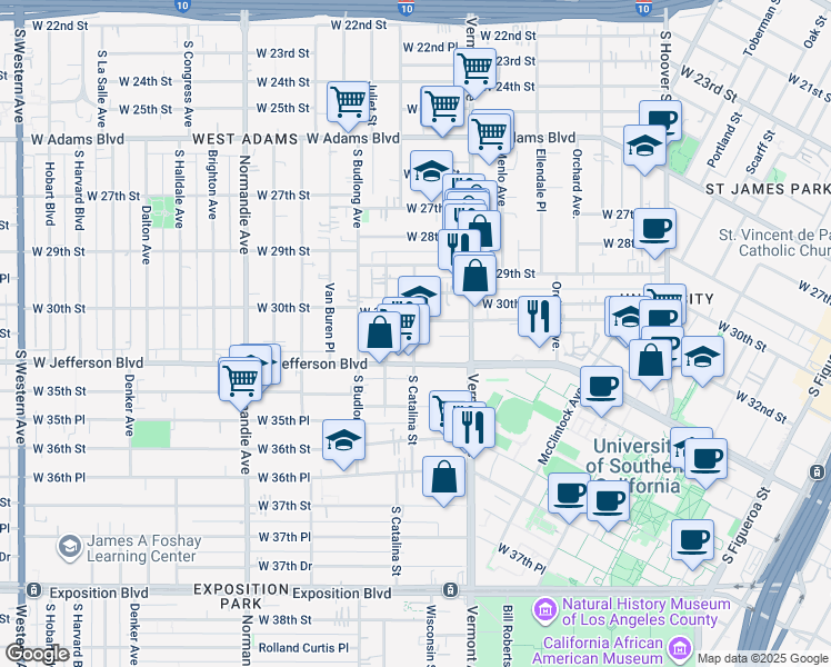 map of restaurants, bars, coffee shops, grocery stores, and more near 1344 West 31st Street in Los Angeles