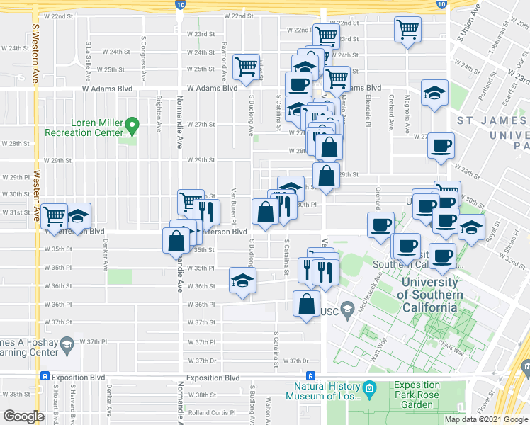 map of restaurants, bars, coffee shops, grocery stores, and more near 3112 Walton Avenue in Los Angeles