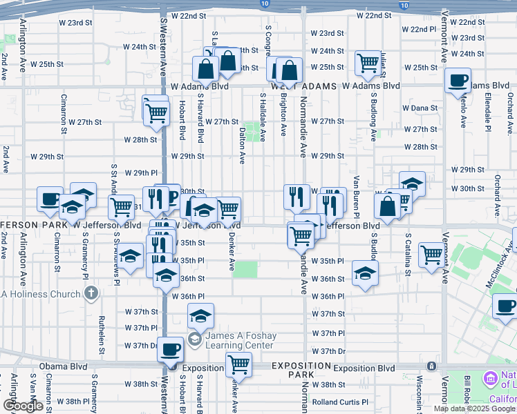 map of restaurants, bars, coffee shops, grocery stores, and more near 1571 West Jefferson Boulevard in Los Angeles