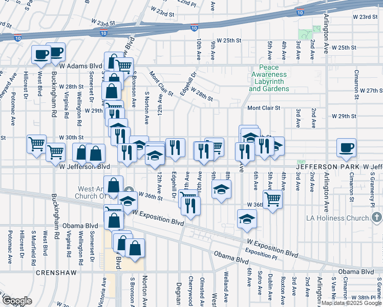 map of restaurants, bars, coffee shops, grocery stores, and more near 3037 West Jefferson Boulevard in Los Angeles