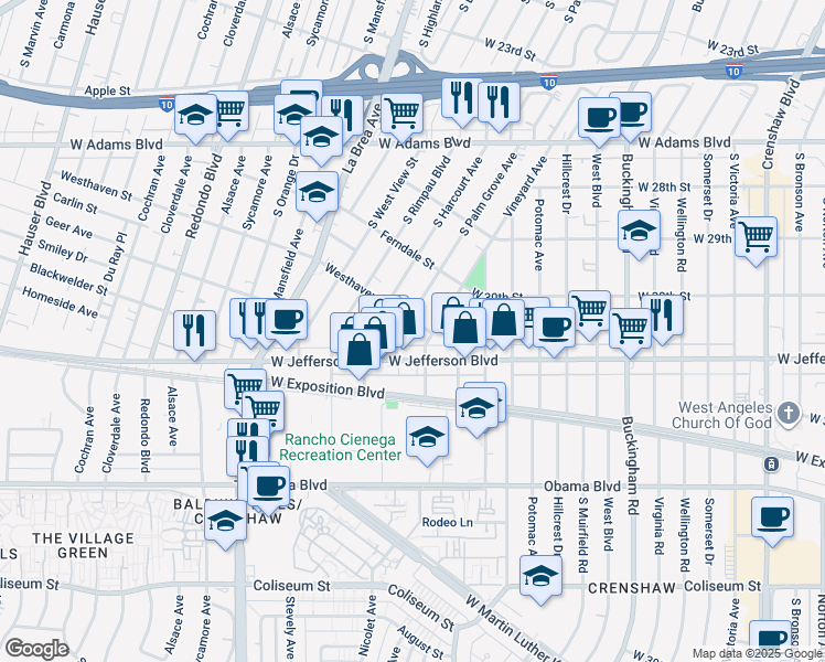 map of restaurants, bars, coffee shops, grocery stores, and more near 4801 West Jefferson Boulevard in Los Angeles