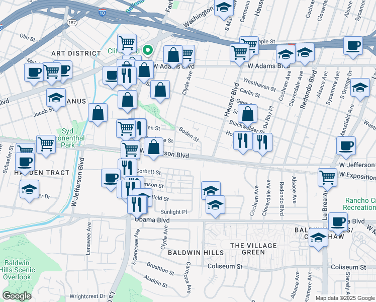 map of restaurants, bars, coffee shops, grocery stores, and more near 5551 West Jefferson Boulevard in Los Angeles