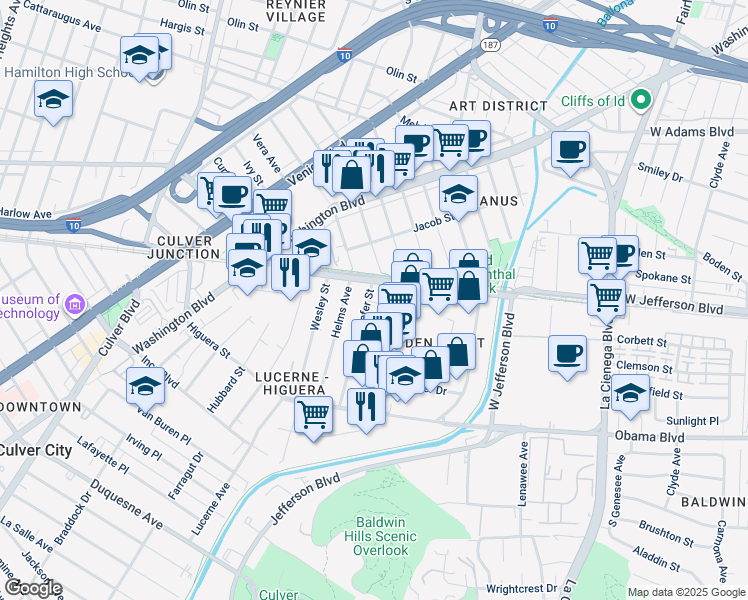 map of restaurants, bars, coffee shops, grocery stores, and more near 3525 Hayden Avenue in Culver City
