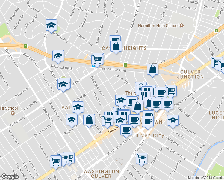 map of restaurants, bars, coffee shops, grocery stores, and more near 3663 Hughes Avenue in Los Angeles