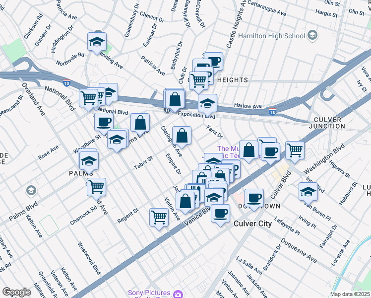 map of restaurants, bars, coffee shops, grocery stores, and more near 3642 Clarington Avenue in Los Angeles